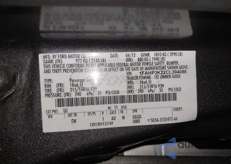 2012 Ford Focus Se z USA, uszkodzony, nr VIN 1FAHP3K22CL394088